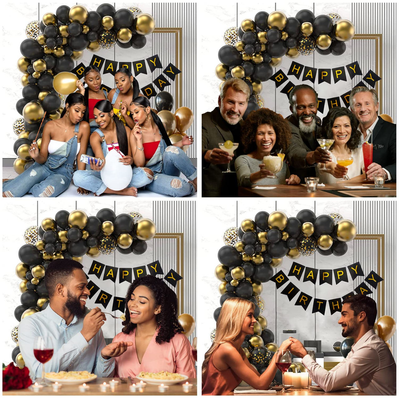 Picture of Birthday Decoration Combo Pack- Black Paper Birthday Banners, Golden Foil Curtains, Golden & Black Metallic Balloons, Golden Confetti Balloons and Balloon Garland Arch With Glue Dot Tape Decorations Full Package- (Pack of 70 Pcs)