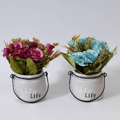 Picture of 1pcs Cream Color Life Ceramic Pot with Hanging Handle with Artificial Flower Arrangement