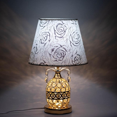 Picture of Crystal Stone Design Golden Color Metal Body With White Golden Designed Shade Table Lamp