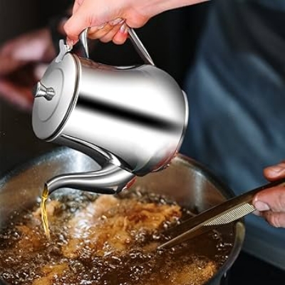 Picture of Filter Cooking Oil Pot Kitchen Large Capacity 410ml Stainless Steel Oil Strainer Pot Container Jug Storage Can