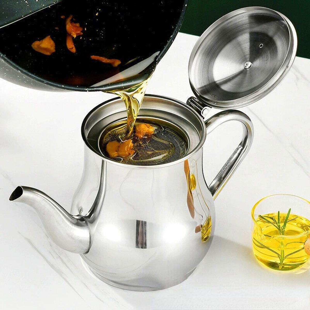 Picture of Filter Cooking Oil Pot Kitchen Large Capacity 410ml Stainless Steel Oil Strainer Pot Container Jug Storage Can