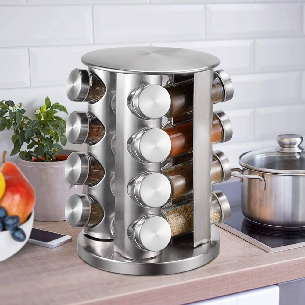 Picture of 16 Jars Spice Rack Revolving Stainless Steel Seasoning Storage Organizer Spice Carousel Tower for Kitchen Set