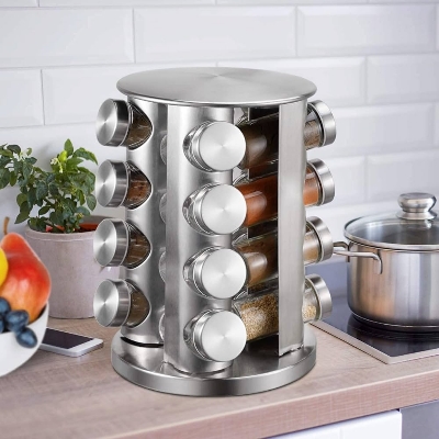 Picture of 16 Jars Spice Rack Revolving Stainless Steel Seasoning Storage Organizer Spice Carousel Tower for Kitchen Set