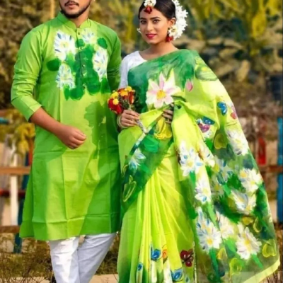 Picture of Dhupian Half Silk Block Print Cotton Couple Set Saree and Panjabi - 313