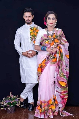 Picture of Dhupian Half Silk Block Print Cotton Couple Set Saree and Panjabi - 315