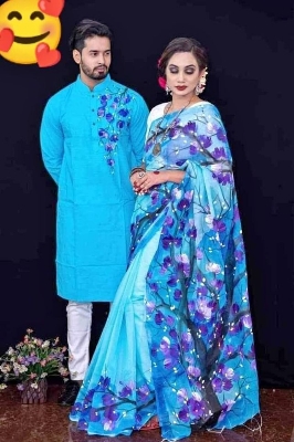 Picture of Dhupian Half Silk Block Print Cotton Couple Set Saree and Panjabi - 319