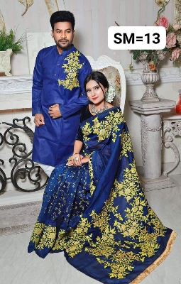 Picture of Dhupian Half Silk Block Print Cotton Couple Set Saree and Panjabi - 323