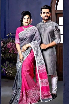 Picture of Dhupian Half Silk Block Print Cotton Couple Set Saree and Panjabi - 326