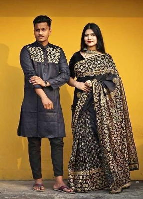 Picture of Dhupian Half Silk Block Print Cotton Couple Set Saree and Panjabi - 327