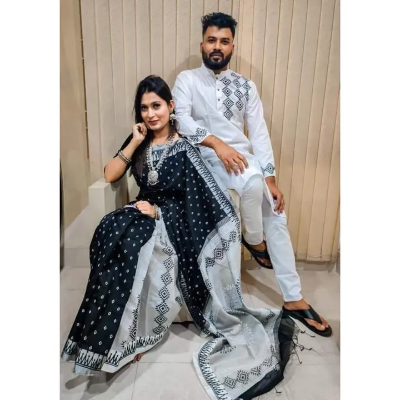 Picture of Dhupian Half Silk Block Print Cotton Couple Set Saree and Panjabi - 330