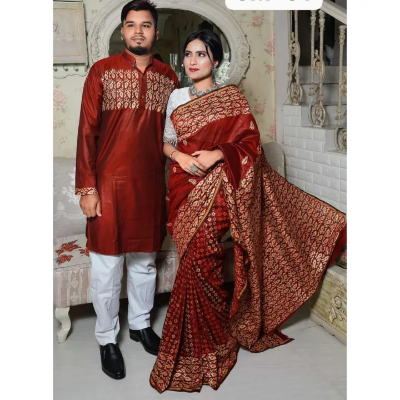 Picture of Dhupian Half Silk Block Print Cotton Couple Set Saree and Panjabi - 332