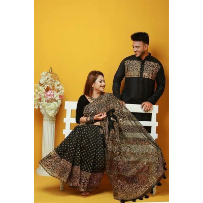 Picture of Dhupian Half Silk Block Print Cotton Couple Set Saree and Panjabi - 334