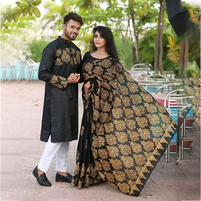 Picture of Dhupian Half Silk Block Print Cotton Couple Set Saree and Panjabi - 336
