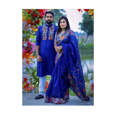 Picture of Dhupian Half Silk Block Print Cotton Couple Set Saree and Panjabi - 337