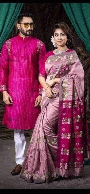 Picture of Dhupian Half Silk Block Print Cotton Couple Set Saree and Panjabi - 339