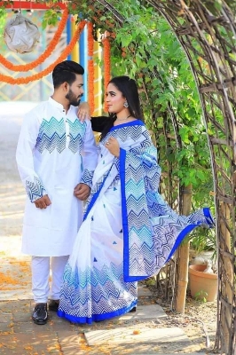 Picture of Dhupian Half Silk Block Print Cotton Couple Set Saree and Panjabi - 344