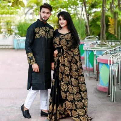 Picture of Dhupian Half Silk Block Print Cotton Couple Set Saree and Panjabi - 351