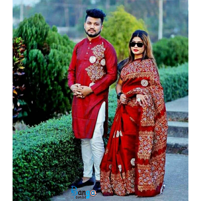 Picture of Dhupian Half Silk Block Print Cotton Couple Set Saree and Panjabi - 352