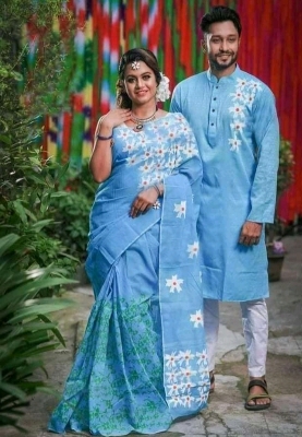 Picture of Dhupian Half Silk Block Print Cotton Couple Set Saree and Panjabi - 353