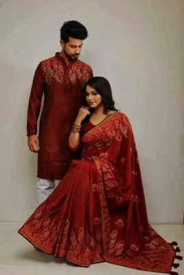 Picture of Dhupian Half Silk Block Print Cotton Couple Set Saree and Panjabi - 356