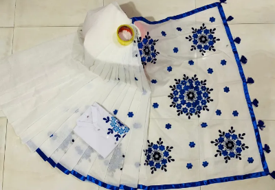 Picture of Embroidery Work Couple Set Vichitra Half Silk Sharee & Dhupian Mix Cotton Panjabi-White & Blue - 3723