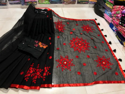 Picture of Embroidery Work Couple Set Vichitra Half Silk Sharee & Dhupian Mix Cotton Panjabi-Black - 372