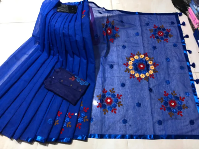 Picture of Embroidery Work Couple Set Vichitra Half Silk Sharee & Dhupian Mix Cotton Panjabi-Blue - 372