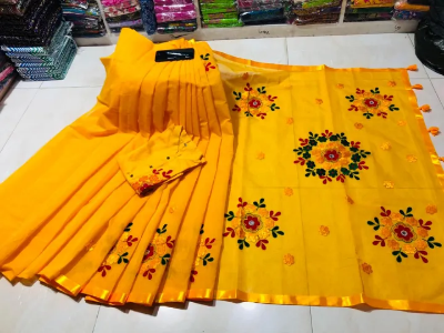Picture of Embroidery Work Couple Set Vichitra Half Silk Sharee & Dhupian Mix Cotton Panjabi-Yellow - 372