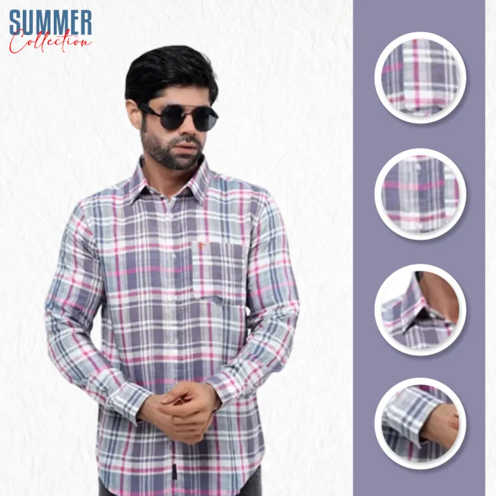 Buy  Premium Quality Navy Sky Pink Color Full Sleeve Cotton Casual Check Shirt For Men Collection By Fine Tex Clothing at Best Price in Bangladesh