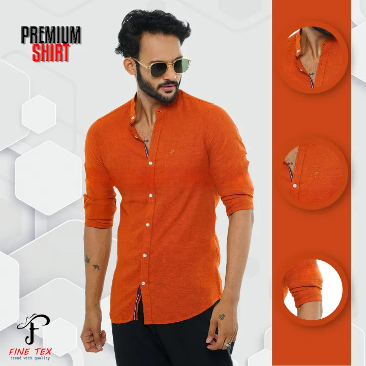 Buy Premium Quality Rawan Fabric Orange Color Casual Band Collar Shirt For Men Collection By Fine Tex Clothing(Casual Band Collar Shirt For Men) at Best Price in Bangladesh