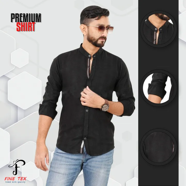Buy Premium Quality Rawan Fabric Black Color Casual Band Collar Shirt For Men Collection By Fine Tex Clothing(Casual Band Collar Shirt For Men) at Best Price in Bangladesh