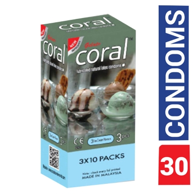 Picture of Coral Condom 3 Ice Cream Flavors Lubricated Natural Latex - Full Box