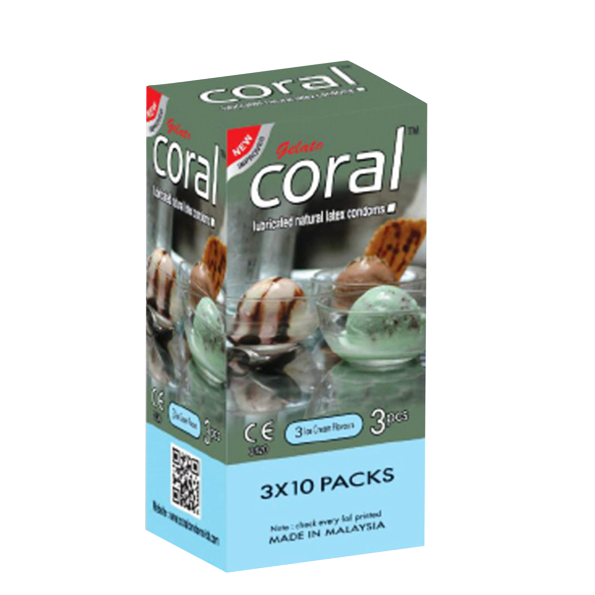 Picture of Coral Condom 3 Ice Cream Flavors Lubricated Natural Latex - Full Box