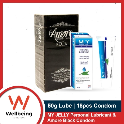Picture of Amore Luxury Black Condom Full Box 3x6=18pcs & MY Jelly Personal Lubricant 50gm Tube | Works Like KY Jelly