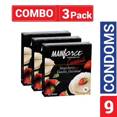 Picture of Manforce - Cocktail Condoms with Dotted-Rings Strawberry & Vanilla Flavored - Combo Pack - 3 Pack - 3x3=9pcs