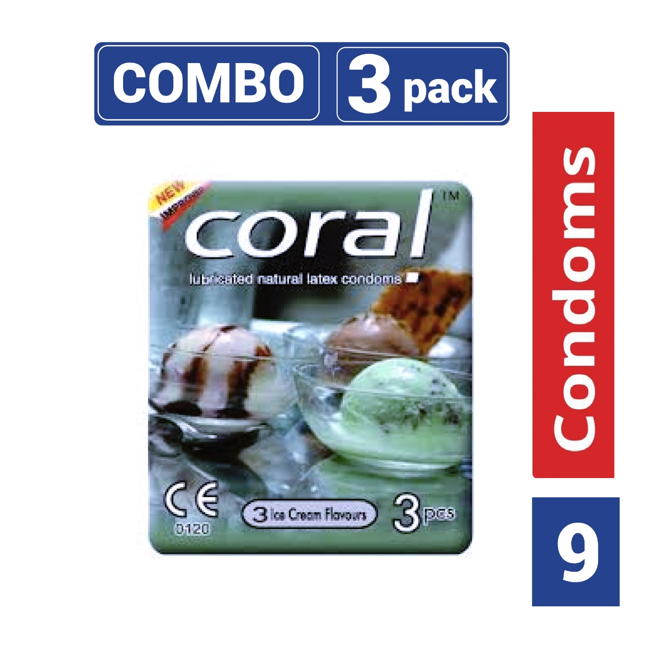 Picture of Coral 3 Ice Cream Flavors Lubricated Natural Latex Condom - 3 Packs Combo