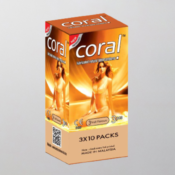 Picture of Coral 3 Fruits Flavors Girl Lubricated Natural Latex Condom for Men | Full Box 30pcs Condom | Malaysia