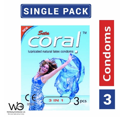 Picture of Coral 3 in 1 Lubricated Natural Latex Condom for Men | Single 3pcs Pack | Malaysia