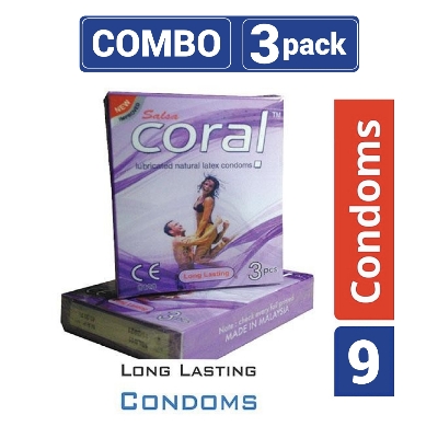 Picture of Coral - Long Lasting Lubricated Natural Latex Condom - Combo Pack - 3 Packs - 3x3 - 9pcs
