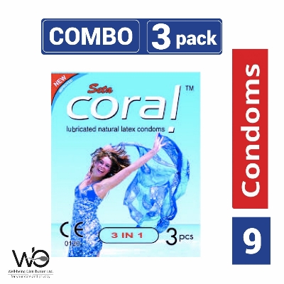 Picture of Coral - 3 in 1 Lubricated Natural Latex Condom - Combo Pack - 3 Packs - 9pcs
