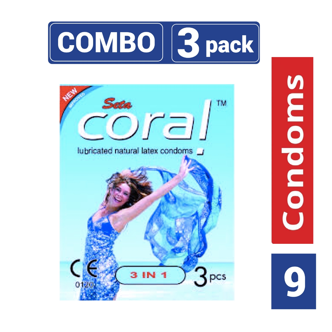 Picture of Coral - 3 in 1 Lubricated Natural Latex Condom - Combo Pack - 3 Packs - 9pcs