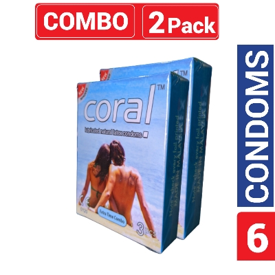 Picture of Coral - Extra Time Combo Lubricated Natural Latex Condom - Combo Pack - 2 Packs - 3X2 - 6Pcs - Condom
