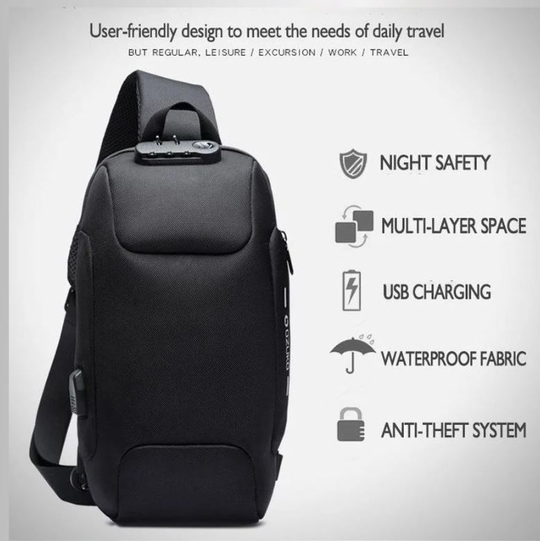 Buy OZUKO 9223 Anti-theft Men Chest Bag Waterproof Crossbody Bag with External USB Charging Port Standard Size (Black) at Best Price In Bangladesh