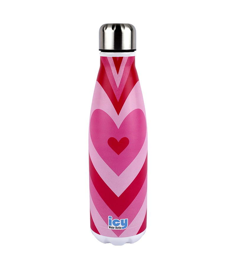 Picture of ICY Water Bottle 450 ML Stainless Steel| Keep Cold and Hot for 12 Hours| BPA Free| Leak Proof| Pink Hearts| Double-Walled Insulated Inner Steel and Sturdy Outer