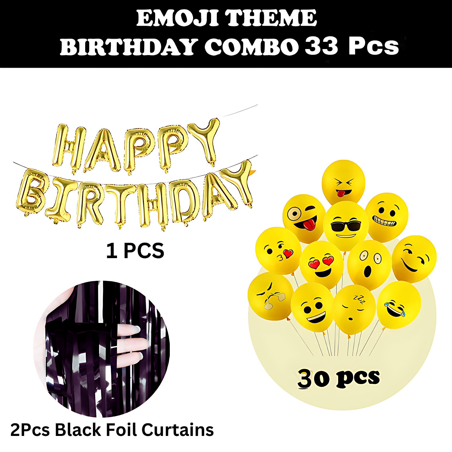 Emoji Birthday Celebration:  Includes Birthday Banner, Emoji Balloons, and Black Foil Curtain - Tailored for Kids, Boys, Girls, and Men's Birthday Parties- (Pack of 33 Pcs)