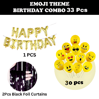 Emoji Birthday Celebration:  Includes Birthday Banner, Emoji Balloons, and Black Foil Curtain - Tailored for Kids, Boys, Girls, and Men's Birthday Parties- (Pack of 33 Pcs)