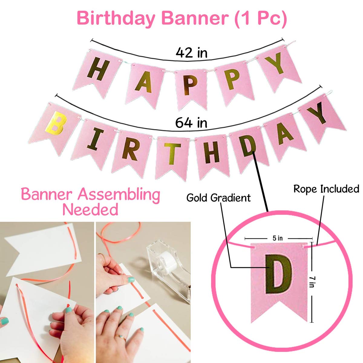 Happy Birthday Decorations Pink & Golden Combo Set For Girls And Women - Pink, White And Golden Metallic Balloons, Birthday Pink color Paper Banner, Golden Foil Curtain for Party Decoration Full Package Princess Theme - (Pack of 63 Pcs)