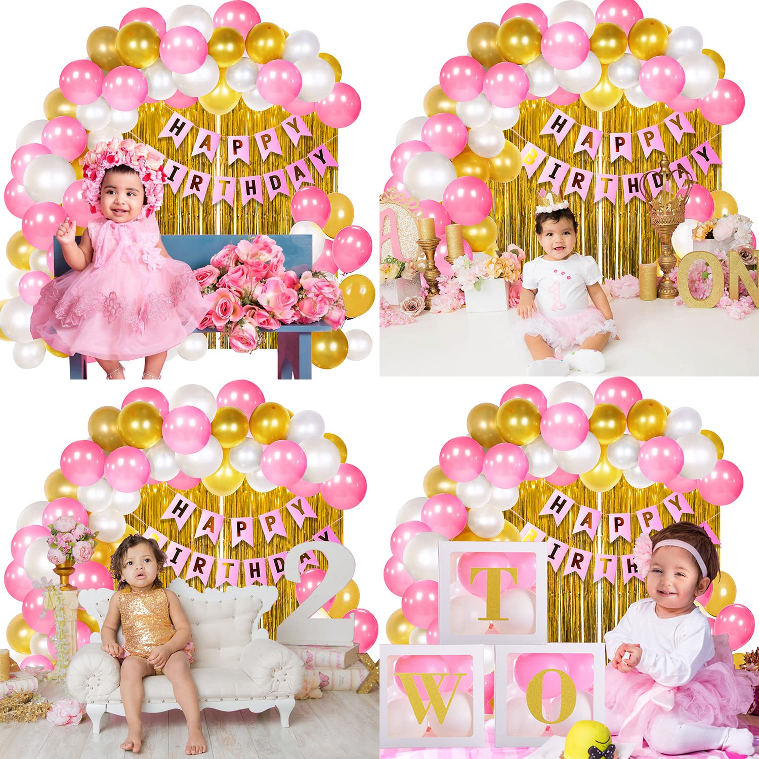 Happy Birthday Decorations Pink & Golden Combo Set For Girls And Women - Pink, White And Golden Metallic Balloons, Birthday Pink color Paper Banner, Golden Foil Curtain for Party Decoration Full Package Princess Theme - (Pack of 63 Pcs)
