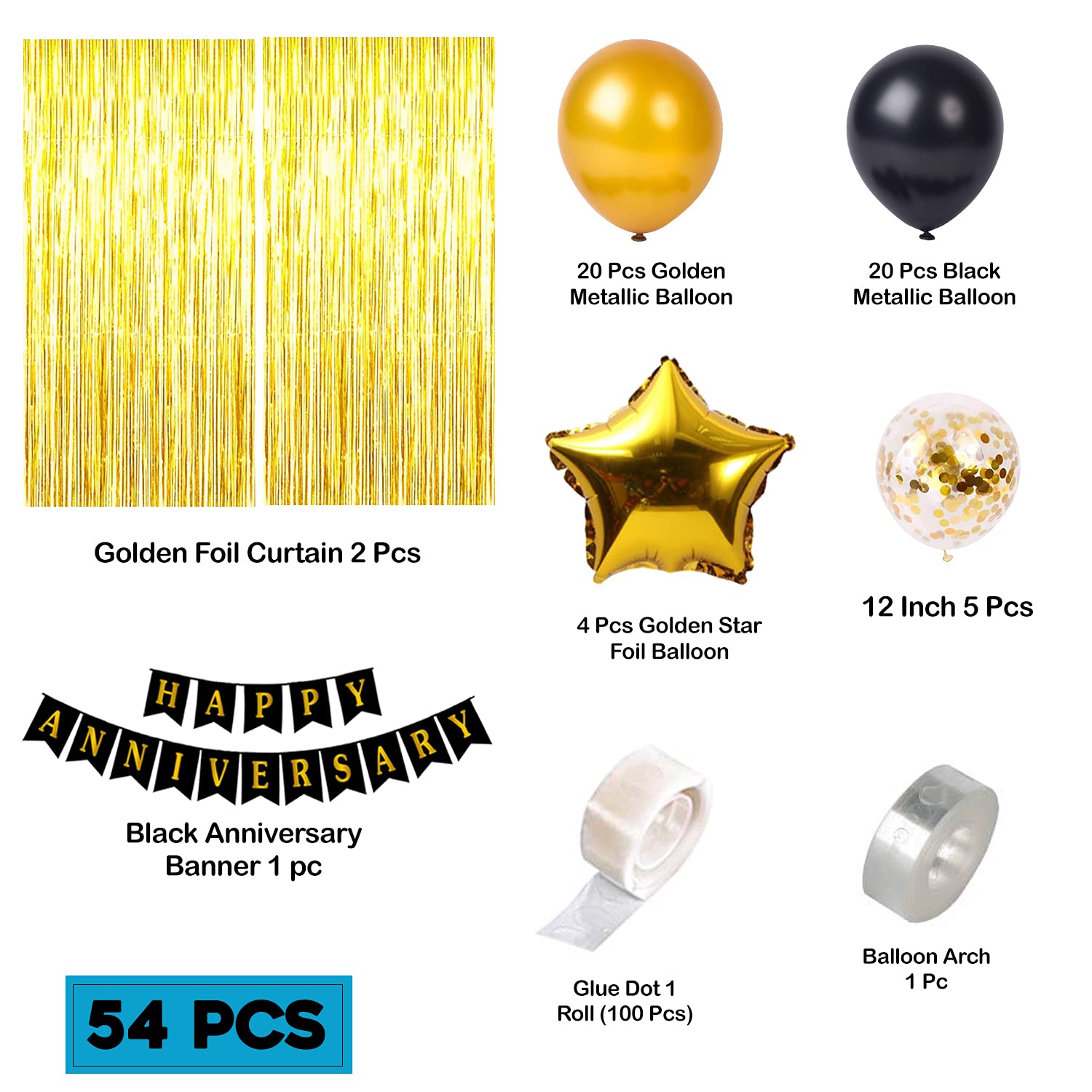 Anniversary Combo Pack with Card Banners, Golden Curtains, Balloons, Confetti, and More - (Pack of 54 Pcs)
