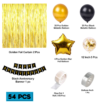 Anniversary Combo Pack with Card Banners, Golden Curtains, Balloons, Confetti, and More - (Pack of 54 Pcs)